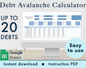 Calcolatore valanga di debiti Fogli Google Foglio di calcolo Tracker del budget, Strumento finanziario, Modello di pianificazione del rimborso del prestito, Senza debiti / Blu