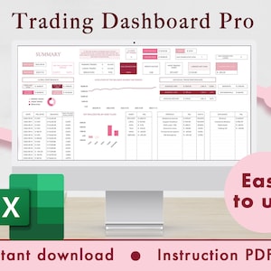 Puede incluir: Una pantalla de ordenador que muestra una hoja de cálculo con el título "Trading Dashboard Pro". La hoja de cálculo incluye gráficos, diagramas y tablas con datos financieros. La pantalla está sobre un escritorio de madera con un icono de Excel verde en primer plano. El texto "Fácil de usar" está en un círculo rosa en el lado derecho de la imagen. El texto "Descarga instantánea" y "PDF de instrucciones" están en la parte inferior de la imagen.