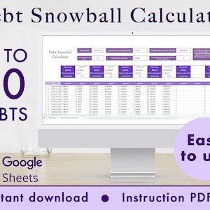 Calculadora de bola de nieve de deuda Hojas de cálculo de Google Sheets Planificador de presupuesto, Planificador financiero, Plantilla de seguimiento de pago de deuda / Púrpura