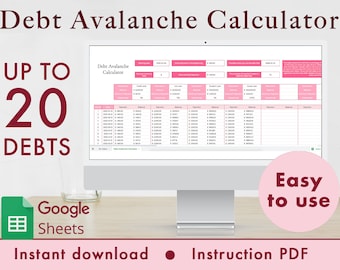Debt Avalanche Calculator Google Sheets Spreadsheet Budget Tracker, Financial Tool, Loan Payoff Planner Template, Debt Free | Pink