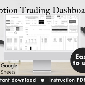 Puede incluir: Una imagen en blanco y negro de una pantalla de computadora que muestra una hoja de cálculo de Google Sheets con el título "Option Trading Dashboard". La hoja de cálculo contiene varios datos y gráficos relacionados con el trading de opciones. La imagen también incluye el texto "Fácil de usar" y "Descarga instantánea PDF de instrucciones".