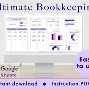 Ultimate Bookkeeping Spreadsheet Google Sheets for Small Businesses and Individuals with multiple Income Streams (Purple)