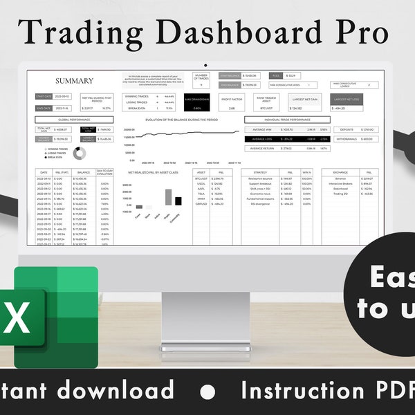 Trading Journal Pro Excel Spreadsheet Template Forex Crypto Stocks Commodities Dashboard Tracker | Black & White