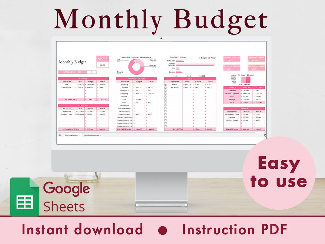 Monthly Budget Spreadsheet Google Sheets Template (pink) - Etsy