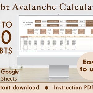 Calcolatore valanga di debiti Fogli Google Foglio di calcolo Tracker di budget, Strumento finanziario, Modello di pianificazione del rimborso del prestito, Senza debiti / Marrone