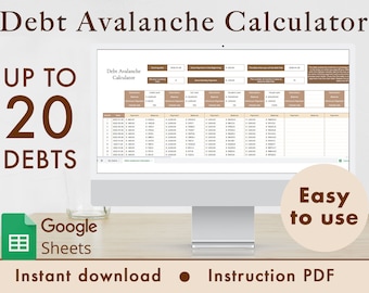 Calcolatore valanga di debiti Fogli Google Foglio di calcolo Tracker di budget, Strumento finanziario, Modello di pianificazione del rimborso del prestito, Senza debiti / Marrone