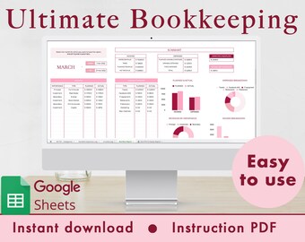 Ultimate Bookkeeping Spreadsheet Google Sheets for Small Businesses and Individuals with multiple Income Streams (Pink)