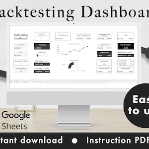 Puede incluir: Una pantalla de ordenador que muestra un panel de backtesting con un logotipo de Google Sheets y el texto "Fácil de usar" y "Descarga instantánea Instrucciones PDF". El panel muestra varias métricas financieras, incluyendo la ganancia total, la pérdida total, la tasa de ganancia y la ganancia/pérdida.