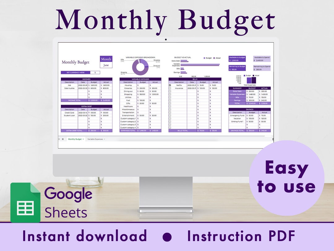 Monthly Budget Spreadsheet Google Sheets Template (purple) - Etsy