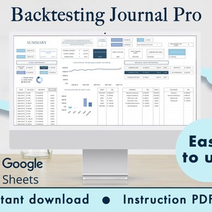Backtesting Journal Pro Google Sheets Spreadsheet Template Stocks Forex Crypto Commodities Dashboard Tracker | Blue