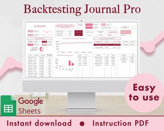 Backtesting Journal Pro Google Sheets Spreadsheet Template Stocks Forex Crypto Commodities Dashboard Tracker | Pink