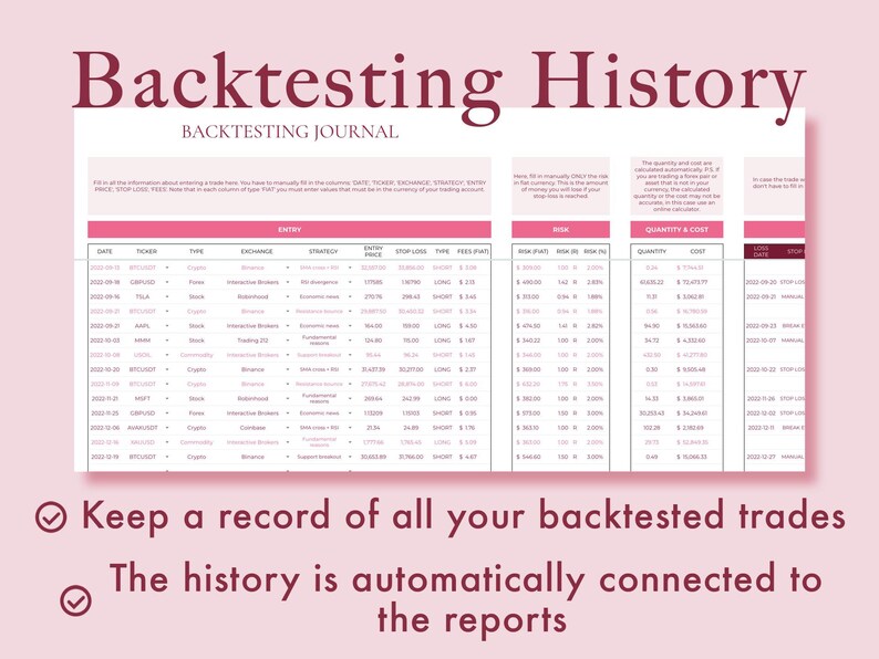 Backtesting Journal Pro Excel Spreadsheet Template Stocks Forex Crypto ...