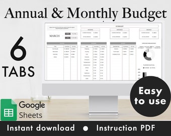 Modello di budget annuale e mensile Foglio di calcolo Fogli Google (bianco e nero)