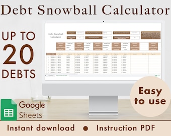 Calcolatore della palla di neve del debito Fogli Google Foglio di calcolo del pianificatore di budget, pianificatore finanziario, modello di monitoraggio del rimborso del debito / Marrone