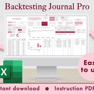 Backtesting Journal Pro Excel Spreadsheet Template Stocks Forex Crypto Commodities Dashboard Tracker | Pink