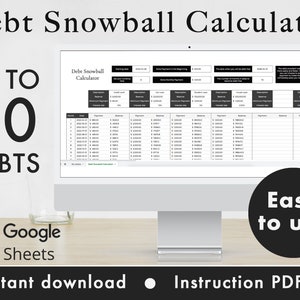 Calculadora de bola de nieve de deuda Hojas de cálculo de Google Sheets Planificador de presupuesto, Planificador financiero, Plantilla de seguimiento de pago de deuda / Blanco y negro