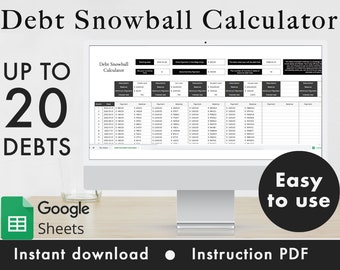 Calcolatore della palla di neve del debito Fogli Google Foglio di calcolo del pianificatore di budget, pianificatore finanziario, modello di monitoraggio del rimborso del debito / Bianco e nero