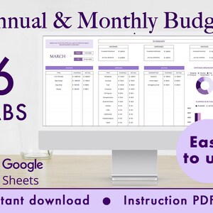 Annual & Monthly Budget Template Spreadsheet Google Sheets (Purple)