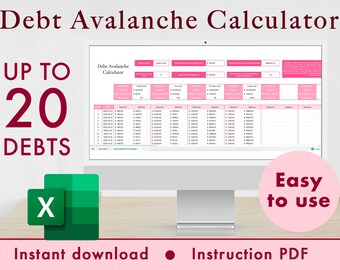 Calcolatore valanga di debiti Foglio di calcolo Excel Tracker del budget, strumento finanziario, modello di pianificazione del rimborso del prestito, senza debiti / rosa
