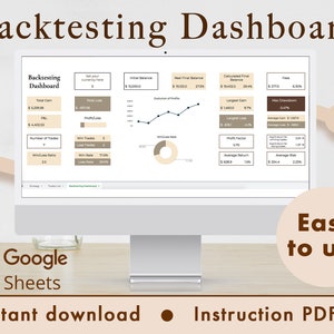 Pode incluir: Um ecrã de computador a mostrar um painel de backtesting com o logótipo do Google Sheets e o texto "Fácil de usar" e "Download instantâneo Manual PDF". O painel mostra várias métricas financeiras, incluindo o ganho total, a perda total, o fator de lucro e a taxa de ganho.