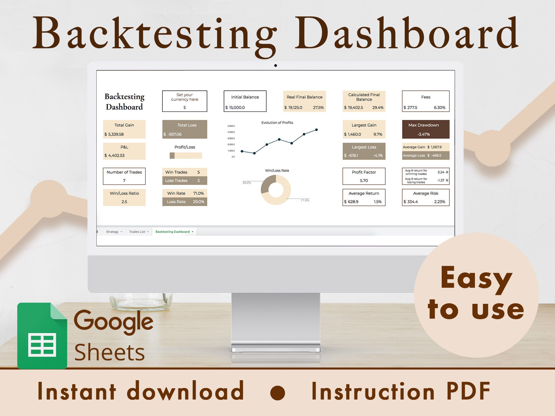 Backtesting Dashboard & Journal Spreadsheet Google Sheets Template (Brown)