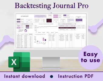 Backtesting Journal Pro Excel Spreadsheet Template Stocks Forex Crypto Commodities Dashboard Tracker | Purple