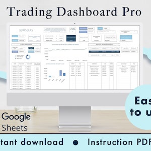 Puede incluir: Una pantalla de ordenador que muestra una hoja de cálculo de Google Sheets con un panel de control de trading. El panel de control incluye gráficos, diagramas y tablas con datos relacionados con el rendimiento del trading. El texto "Trading Dashboard Pro" se muestra en la parte superior de la pantalla. El texto "Google Sheets" se muestra debajo de la pantalla del ordenador. El texto "Descarga instantánea" y "PDF de instrucciones" se muestra debajo del texto de Google Sheets.