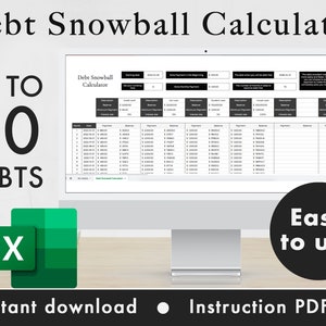 Calculadora de bola de nieve de deuda Rastreador de presupuesto de hoja de cálculo de Excel, Planificador financiero, Plantilla de planificador de pago de deuda / Blanco y negro