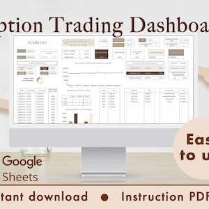 Puede incluir: Un monitor de computadora que muestra una hoja de cálculo de "Option Trading Dashboard" en Google Sheets. La hoja de cálculo incluye visualizaciones de datos y métricas financieras. El texto incluye "Fácil de usar", "Descarga instantánea" e "Instrucción PDF".
