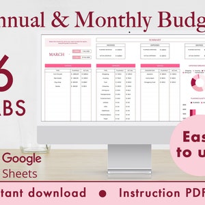 Annual & Monthly Budget Template Spreadsheet Google Sheets (Pink)