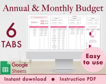 Modello di budget annuale e mensile Foglio di calcolo Fogli Google (rosa)