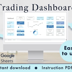 Puede incluir: Una pantalla de ordenador que muestra un panel de control de trading con gráficos y diagramas. El panel de control se titula "Trading Dashboard" e incluye información como la ganancia total, la pérdida total, el número de operaciones, la tasa de éxito y la tasa de fracaso. El panel de control está diseñado para ser utilizado con Google Sheets. El texto "Fácil de usar" se muestra debajo de la pantalla del ordenador. El texto "Descarga instantánea" y "PDF de instrucciones" se muestra debajo del texto "Fácil de usar".