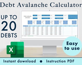 Debt Avalanche Calculator Excel Spreadsheet Budget Tracker, Financial Tool, Loan Payoff Planner Template, Debt Free | Blue