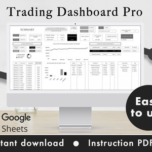 Puede incluir: Una captura de pantalla en blanco y negro de una hoja de cálculo de Google Sheets en la pantalla de un ordenador. La hoja de cálculo se titula "Trading Dashboard Pro" e incluye un resumen de la actividad de trading, incluyendo el beneficio neto, el número total de operaciones y la tasa de éxito. La hoja de cálculo también incluye un gráfico que muestra la evolución del saldo durante el período de trading. El texto "Fácil de usar" se muestra en un círculo blanco sobre fondo negro en la esquina inferior derecha de la imagen. El texto "Descarga instantánea" y "Manual PDF" se muestra en la esquina inferior izquierda de la imagen.