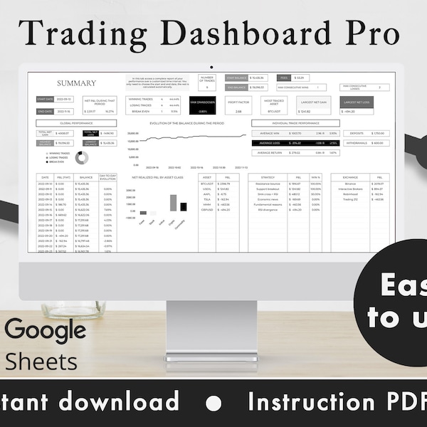 Trading Journal Pro Google Sheets Spreadsheet Template Forex Crypto Stocks Commodities Dashboard Tracker | Black & White