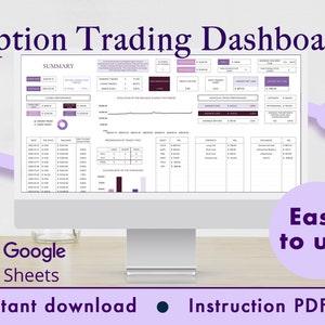 Puede incluir: Una pantalla de ordenador que muestra una hoja de cálculo de Google Sheets con un panel de control para el trading de opciones. El panel de control incluye secciones para el resumen, el rendimiento global, el rendimiento individual de las operaciones y los tipos de operaciones. La hoja de cálculo está etiquetada como "Option Trading Dashboard" y "Fácil de usar".