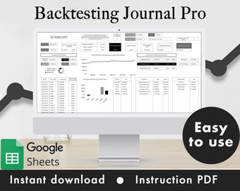 Backtesting Journal Pro Google Sheets Spreadsheet Template Stocks Forex Crypto Commodities Dashboard Tracker | Black & White