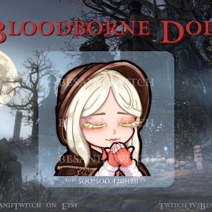 May include: A digital illustration of a Bloodborne doll. The doll is a young girl with blonde hair, wearing a brown and black dress. She has her hands clasped together in front of her and is looking down. The background is a dark, gothic scene.