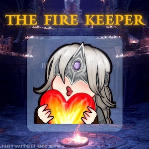May include: A cartoon illustration of a female character with white hair and a silver helmet holding a red heart with flames. The text "THE FIRE KEEPER" is above the character.
