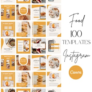 Può includere: Un set di 100 modelli Instagram per blogger e aziende alimentari. I modelli presentano una varietà di design con uno schema di colori giallo e bianco. Il testo "Food 100 Templates Instagram Canva" è visualizzato nell'immagine.