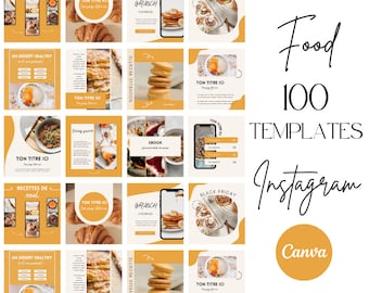 May include: A set of 100 Instagram templates for food bloggers and businesses. The templates feature a variety of designs with a yellow and white color scheme. The text "Food 100 Templates Instagram Canva" is displayed on the image.