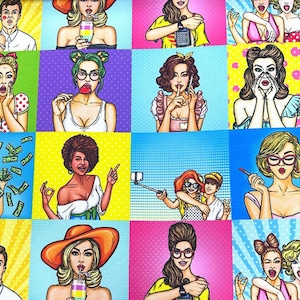 Colorful Pop Art Girls Printed Fabric by the yard, Retro Fabric for bag, tablecloth, chairs, sofa, cushion, upholstery, home textile fabric