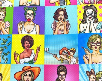 Colorful Pop Art Girls Printed Fabric by the yard, Retro Fabric for bag, tablecloth, chairs, sofa, cushion, upholstery, home textile fabric