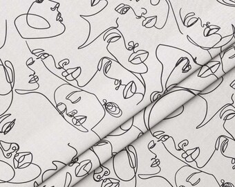 Line Art Faces Abstract Digital Printed Fabric By The Yard, Women Silhouette Modern Decor