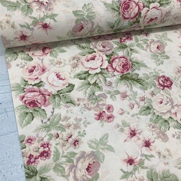 Shabby Chic Roses Upholstery Fabric By Yard, Country Cottage Floral Print Decor Fabric, Water and Soil Repellent Fabric for Furniture