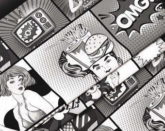 May include: Black and white comic book style fabric with images of a woman, a man eating a burger, a television, and the words "WOW!" and "OMG!"