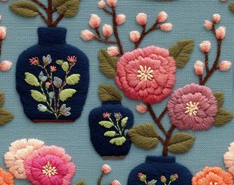 Floral Vase Print Fabric: Embroidered Effect  Upholstery , Home Textile, Bag Sewing Fabric