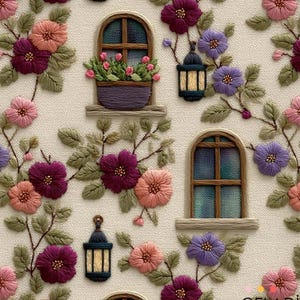 Può includere: Motivo floreale ricamato con finestre ad arco, lanterne e fiori rosa, viola e verdi. Il design presenta cuciture dettagliate, creando un effetto strutturato. I fiori sono in piena fioritura, aggiungendo un tocco di natura. Lo sfondo è di colore neutro.