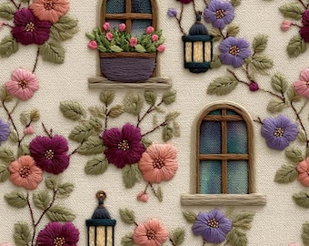 Floral Windows Print Fabric: 3D Embroidered Effect  Upholstery, Fabric for Pillow,Bag, Home Textile