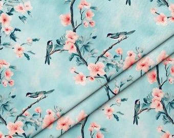 Floral Bird Fabric: Pink Flowers on Blue - Sewing & Craft Fabric